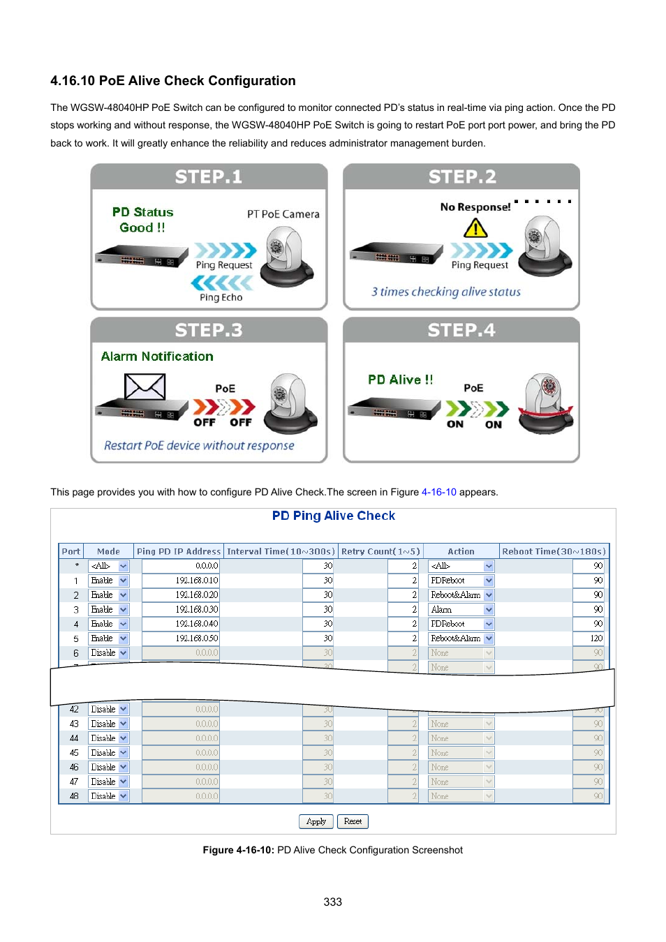 10 poe alive check configuration, 10 poe alvie check configuration | PLANET WGSW-48040HP User Manual | Page 333 / 375
