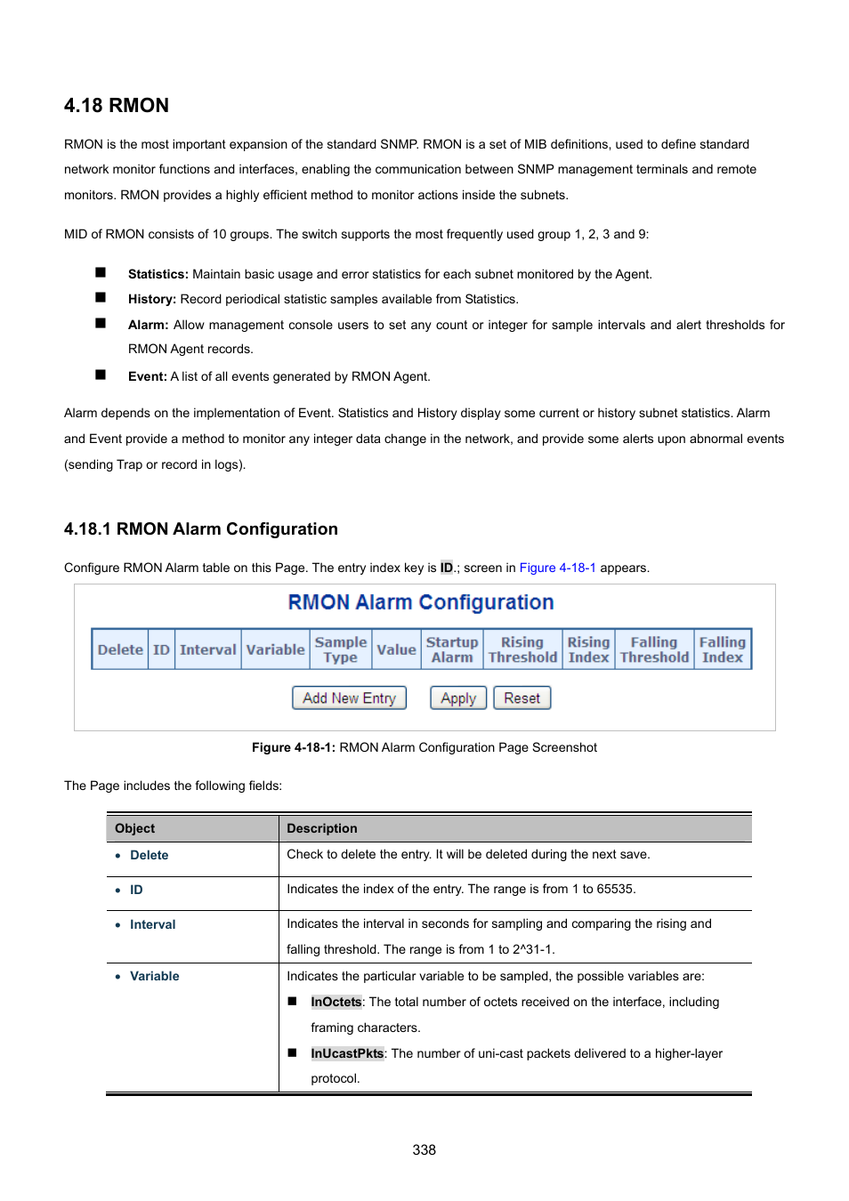 18 rmon, 1 rmon alarm configuration | PLANET WGSW-48040HP User Manual | Page 338 / 375