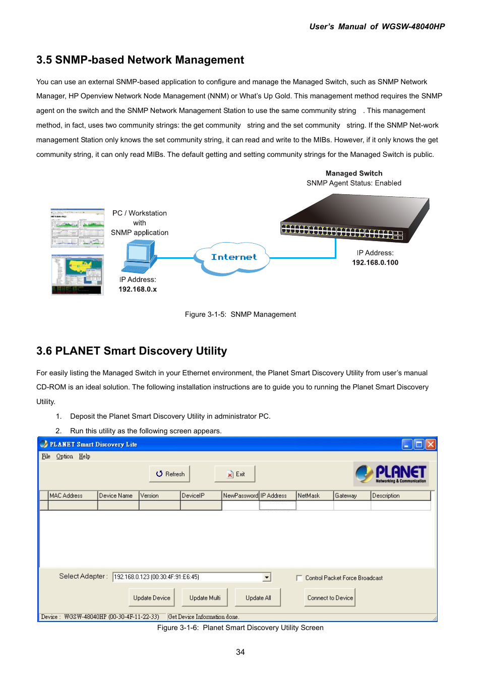 5 snmp-based network management, 6 planet smart discovery utility | PLANET WGSW-48040HP User Manual | Page 34 / 375
