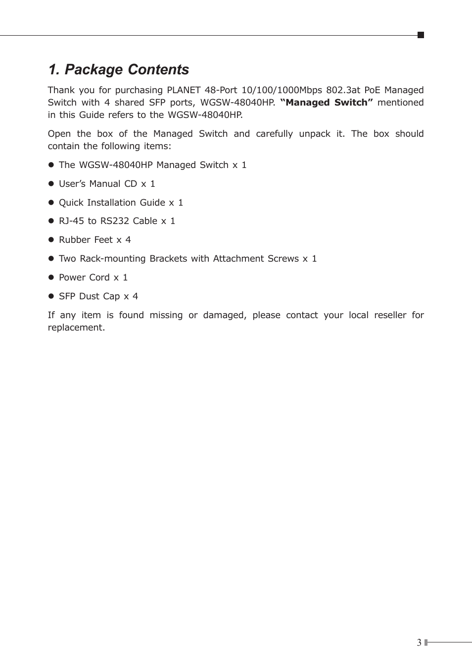 Package contents | PLANET WGSW-48040HP User Manual | Page 3 / 16