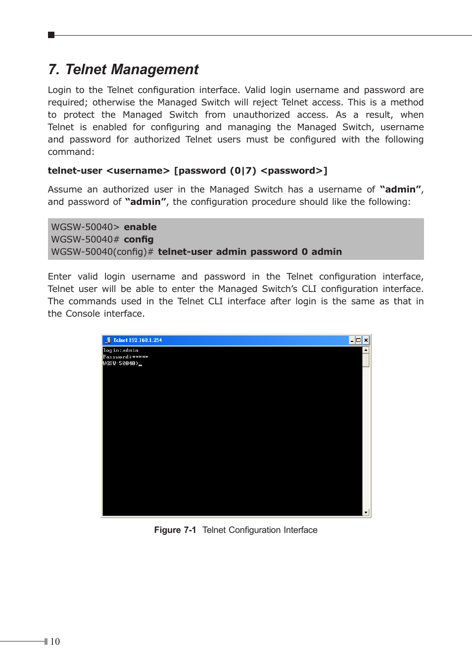 Telnet management | PLANET WGSW-50040 User Manual | Page 10 / 16