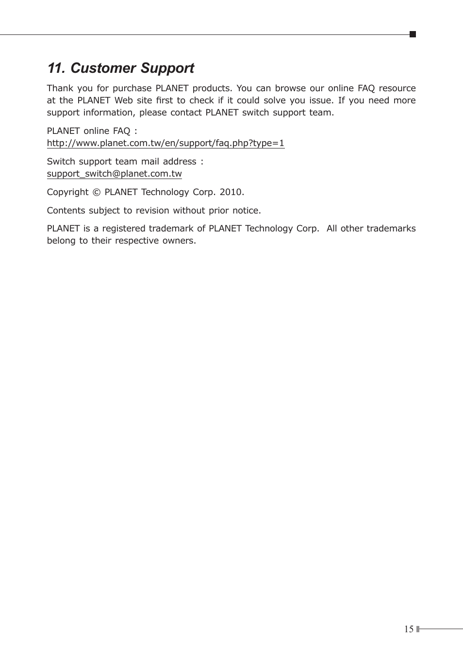 Customer support | PLANET WGSW-50040 User Manual | Page 15 / 16