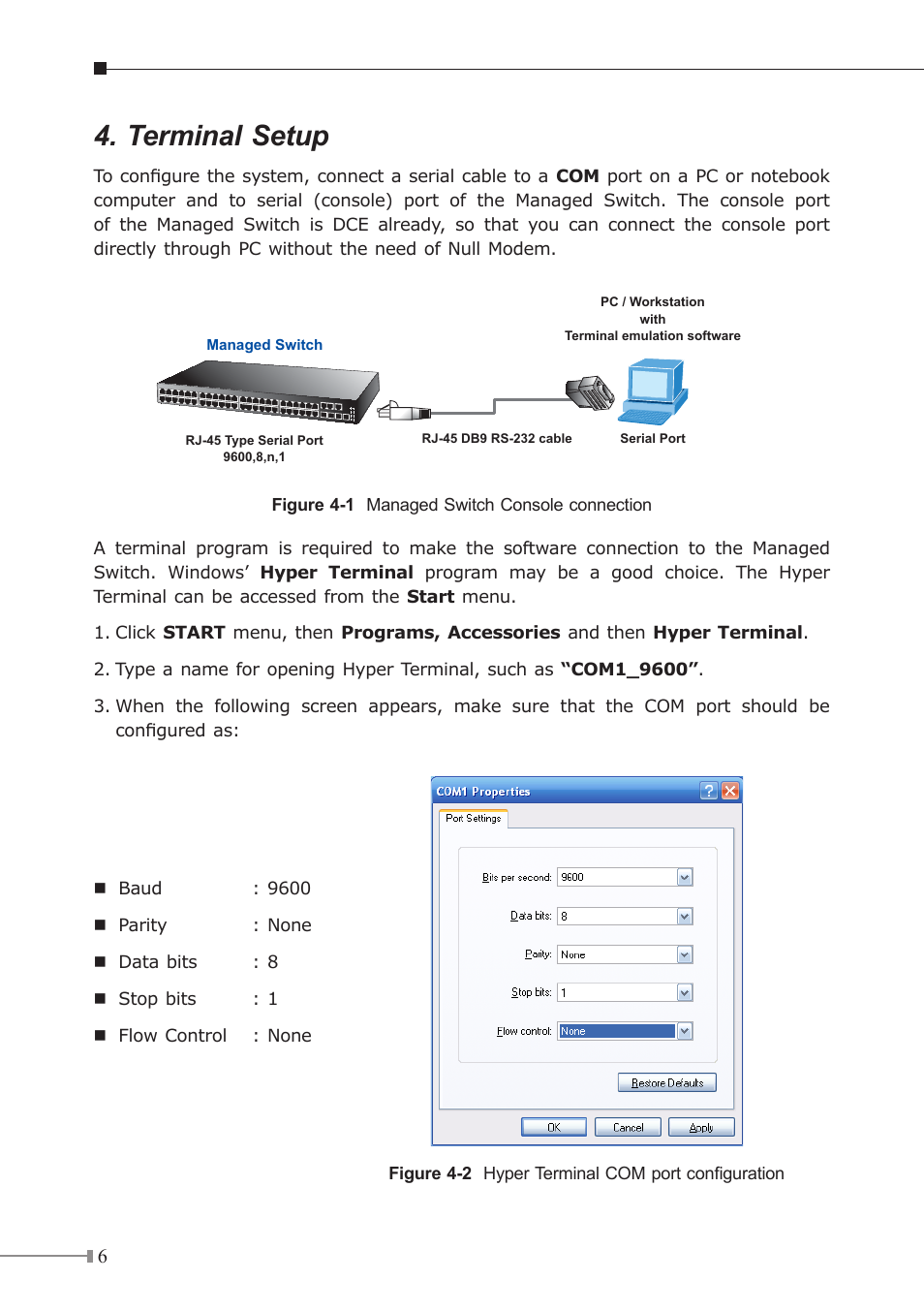 Terminal setup | PLANET WGSW-50040 User Manual | Page 6 / 16