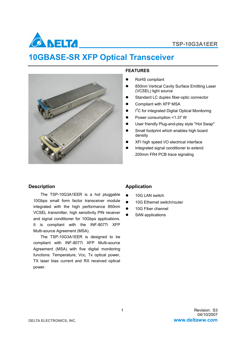Delta Electronics 10GBASE-SR XFP Optical Transceiver TSP-10G3A1EER User Manual | 12 pages
