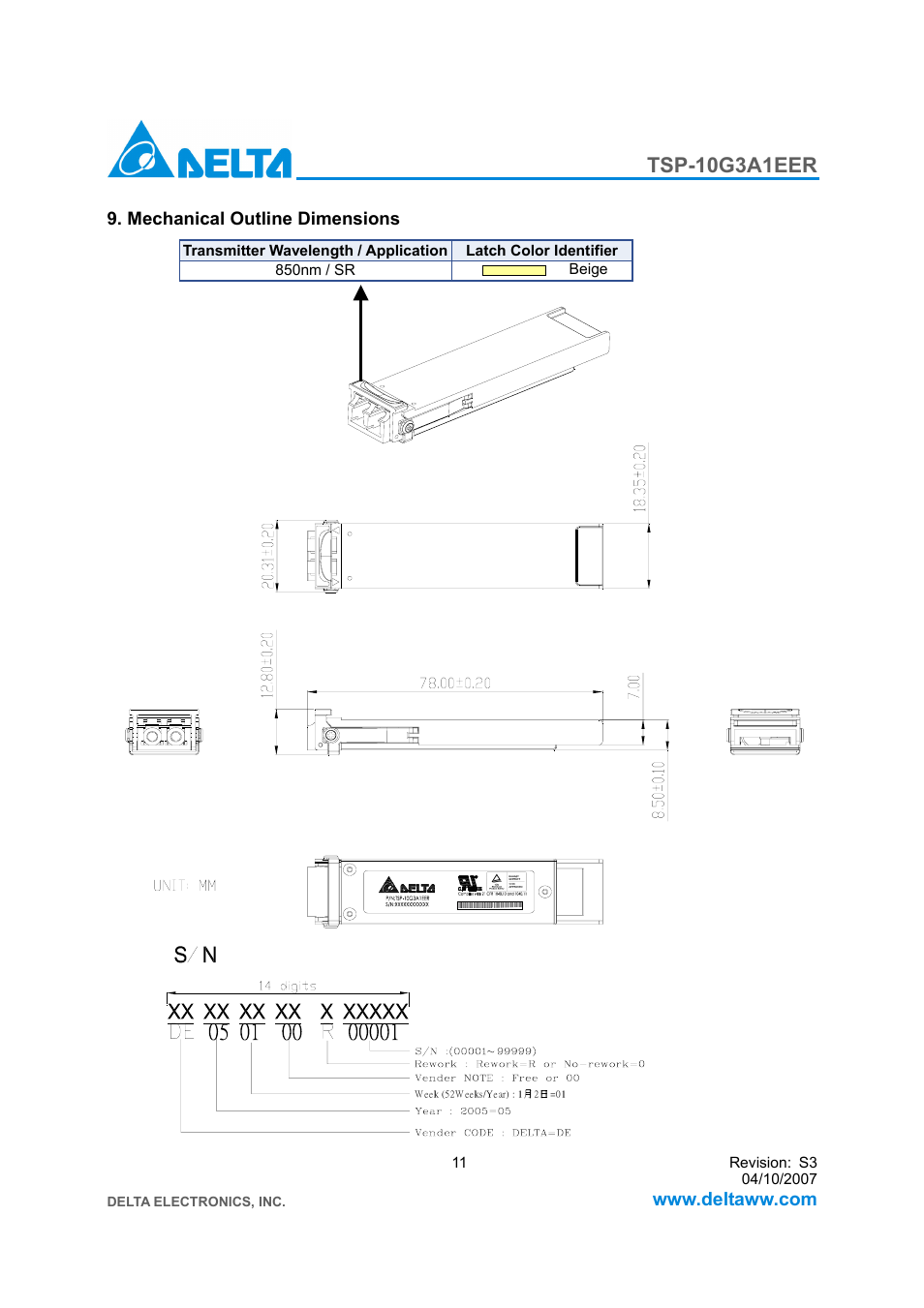 Tsp-10g3a1eer | Delta Electronics 10GBASE-SR XFP Optical Transceiver TSP-10G3A1EER User Manual | Page 11 / 12