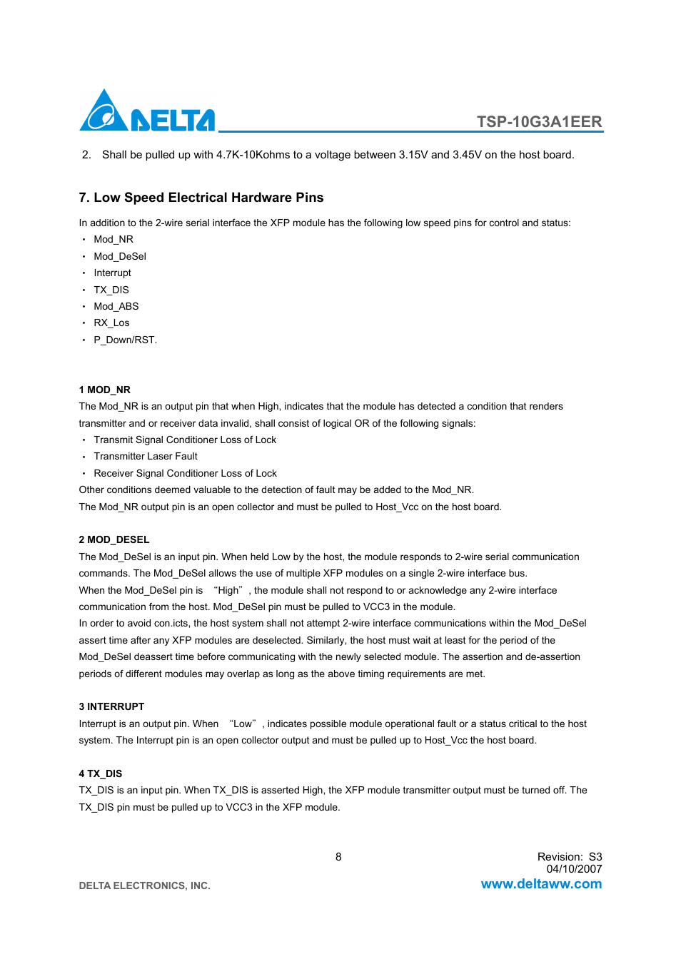 Tsp-10g3a1eer | Delta Electronics 10GBASE-SR XFP Optical Transceiver TSP-10G3A1EER User Manual | Page 8 / 12