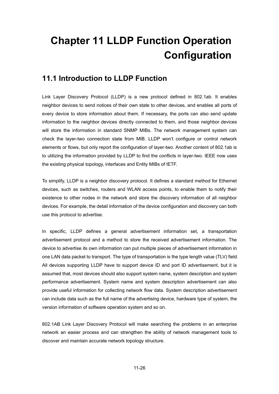 Chapter 11 lldp function operation configuration, 1 introduction to lldp function, Ntroduction to | Lldp, Unction | PLANET WGSW-52040 User Manual | Page 104 / 505