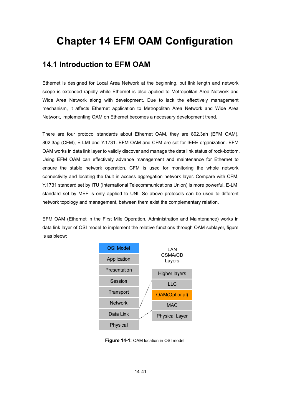 Chapter 14 efm oam configuration, 1 introduction to efm oam, Chapter 14 efm oam configuration -41 | Ntroduction to, Oam -41 | PLANET WGSW-52040 User Manual | Page 119 / 505