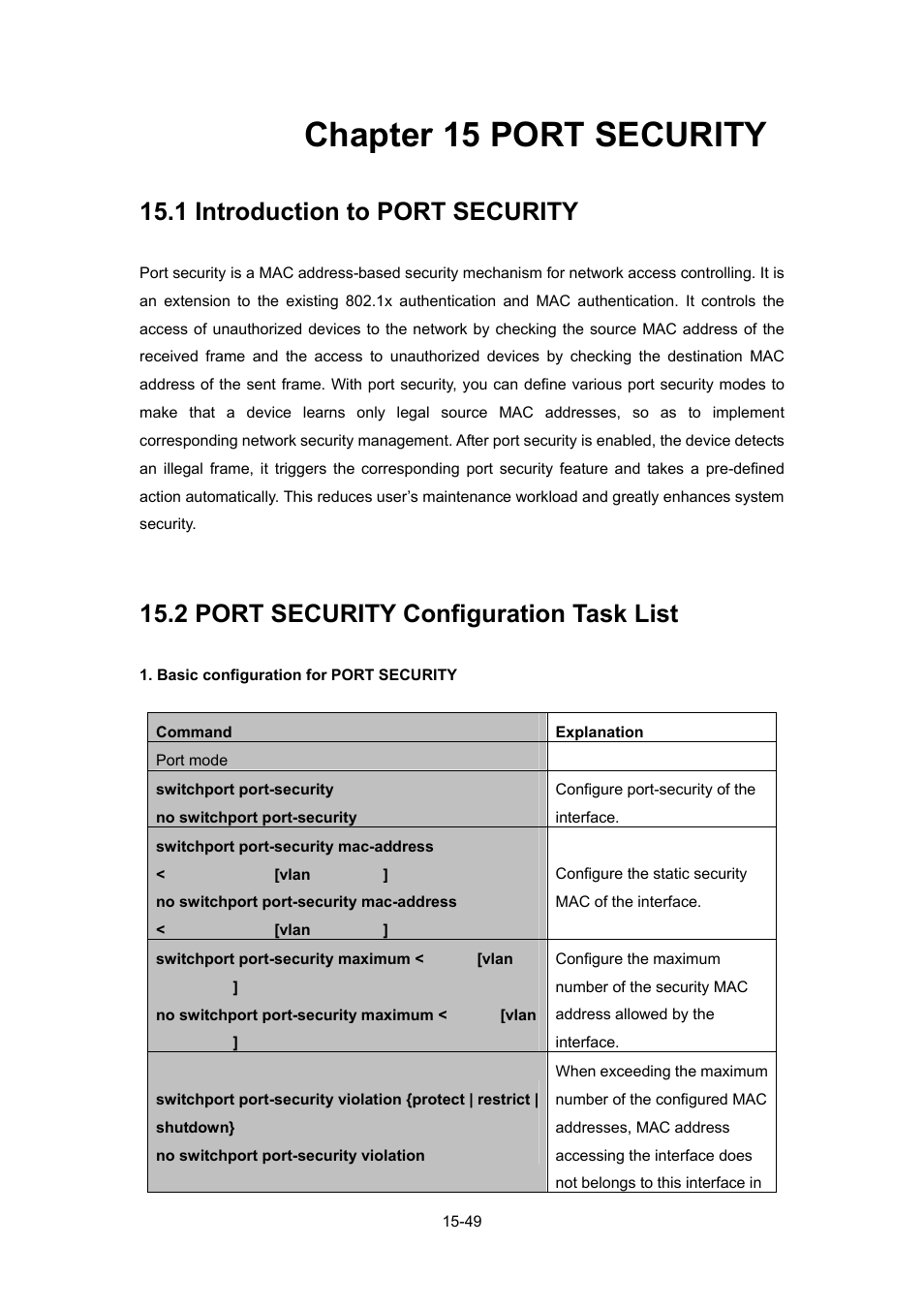 Chapter 15 port security, 1 introduction to port security, 2 port security configuration task list | Chapter 15 port security -49, Ntroduction to, Port, Security -49, Security, Onfiguration | PLANET WGSW-52040 User Manual | Page 127 / 505