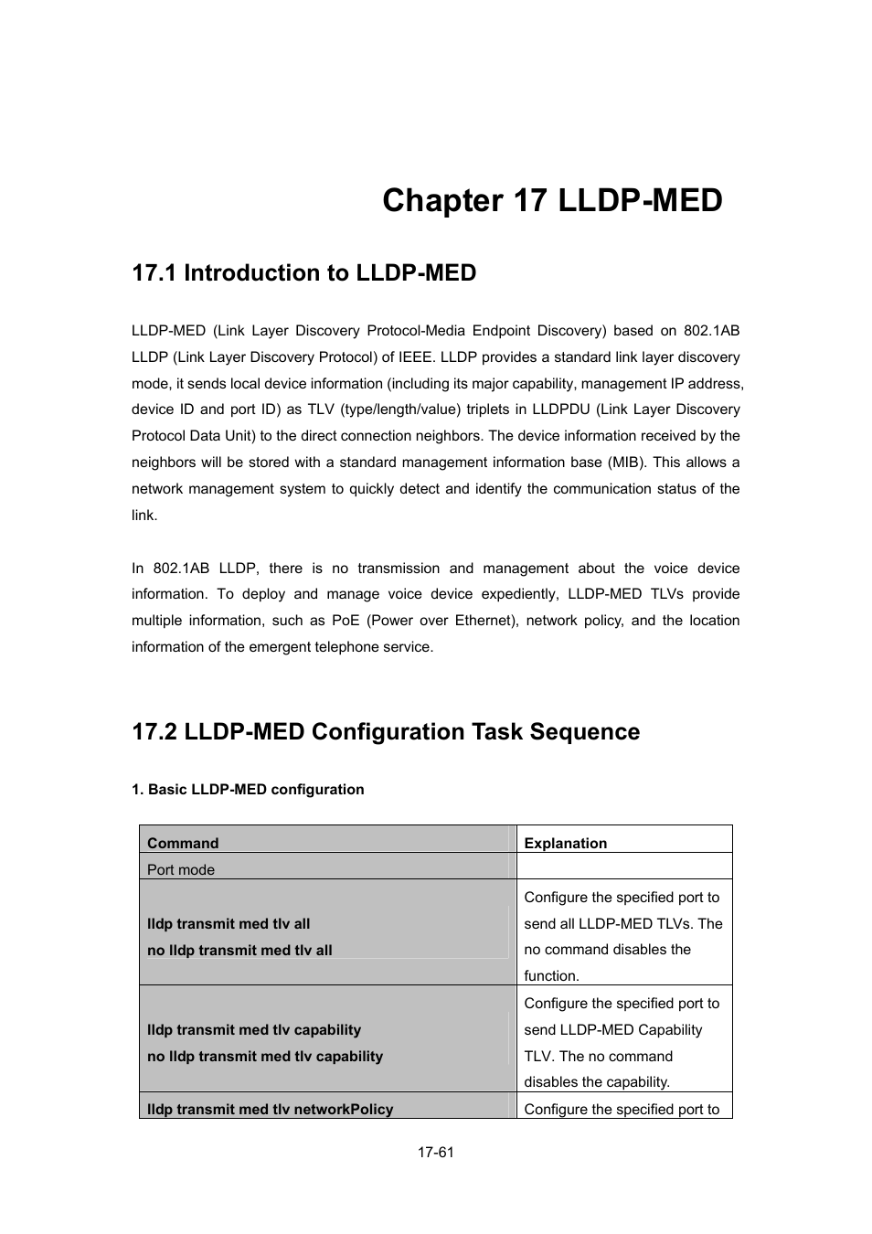 Chapter 17 lldp-med, 1 introduction to lldp-med, 2 lldp-med configuration task sequence | Chapter 17 lldp-med -61, Ntroduction to, Lldp-med -61, Lldp-med, Onfiguration, Equence | PLANET WGSW-52040 User Manual | Page 139 / 505