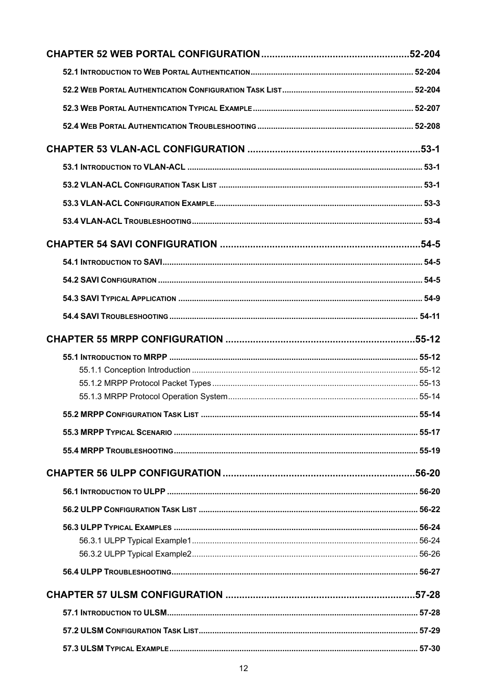 Chapter 53 vlan-acl configuration -1, Chapter 54 savi configuration -5, Chapter 55 mrpp configuration -12 | Chapter 56 ulpp configuration -20, Chapter 57 ulsm configuration -28 | PLANET WGSW-52040 User Manual | Page 14 / 505