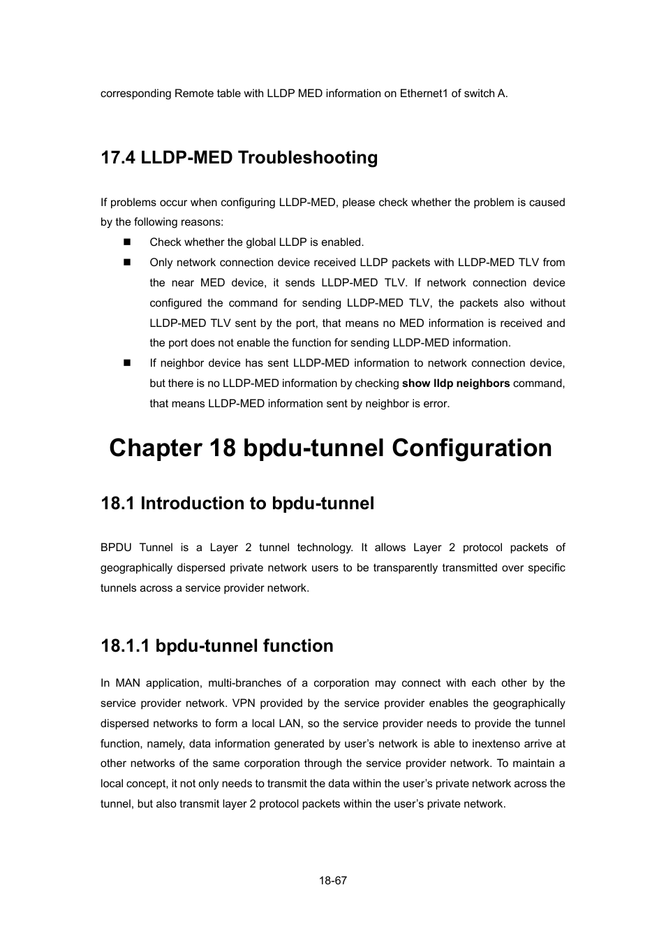 4 lldp-med troubleshooting, Chapter 18 bpdu-tunnel configuration, 1 introduction to bpdu-tunnel | 1 bpdu-tunnel function, Lldp-med, Roubleshooting, Chapter 18 bpdu-tunnel configuration -67, Ntroduction to bpdu, Tunnel, 1 bpdu-tunnel function -67 | PLANET WGSW-52040 User Manual | Page 145 / 505