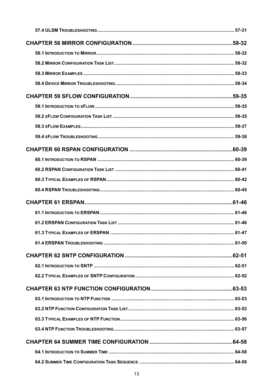 Chapter 58 mirror configuration -32, Chapter 59 sflow configuration -35, Chapter 60 rspan configuration -39 | Chapter 61 erspan -46, Chapter 62 sntp configuration -51, Chapter 63 ntp function configuration -53, Chapter 64 summer time configuration -58 | PLANET WGSW-52040 User Manual | Page 15 / 505