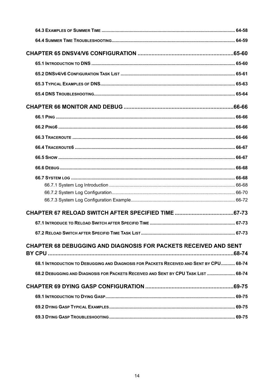 Chapter 66 monitor and debug -66, Chapter 67 reload switch after specified time -73, Chapter 69 dying gasp configuration -75 | PLANET WGSW-52040 User Manual | Page 16 / 505