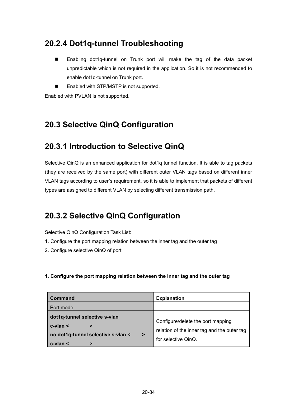 4 dot1q-tunnel troubleshooting, 3 selective qinq configuration, 1 introduction to selective qinq | 2 selective qinq configuration, 4 dot1q-tunnel troubleshooting -84, Elective, Onfiguration, 1 introduction to selective qinq -84, 2 selective qinq configuration -84 | PLANET WGSW-52040 User Manual | Page 162 / 505