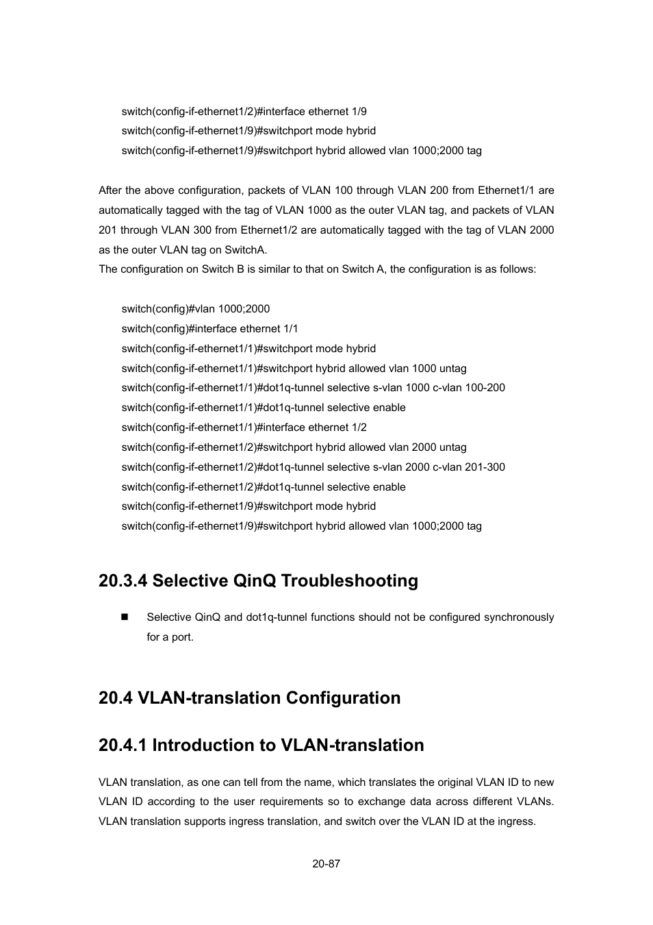 4 selective qinq troubleshooting, 4 vlan-translation configuration, 1 introduction to vlan-translation | 4 selective qinq troubleshooting -87, Vlan, Translation, Onfiguration, 1 introduction to vlan-translation -87 | PLANET WGSW-52040 User Manual | Page 165 / 505