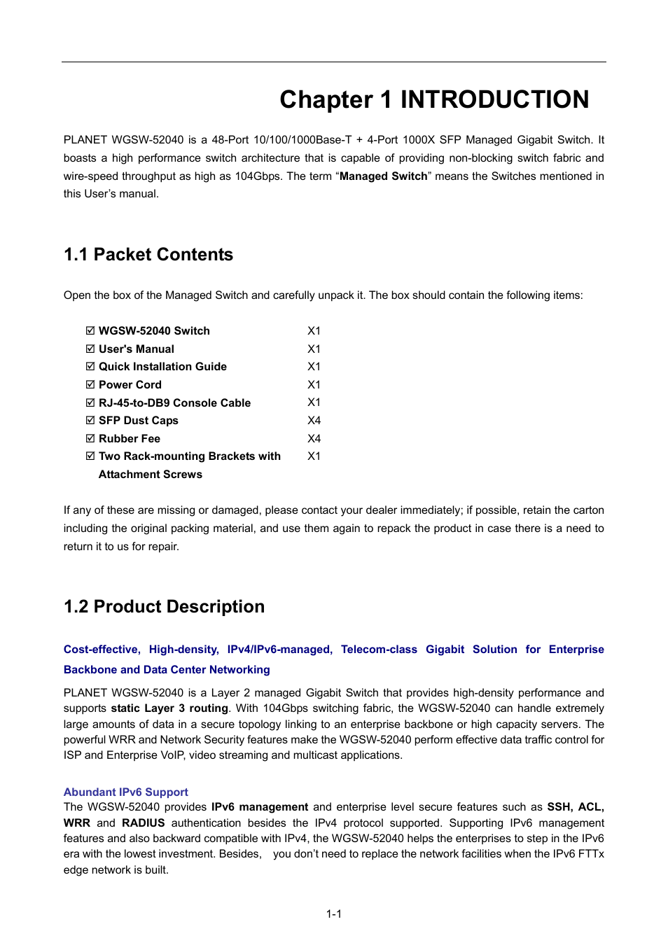 Chapter 1 introduction, 1 packet contents, 2 product description | Chapter 1 introduction -1, Acket, Ontents, Roduct, Escription | PLANET WGSW-52040 User Manual | Page 17 / 505