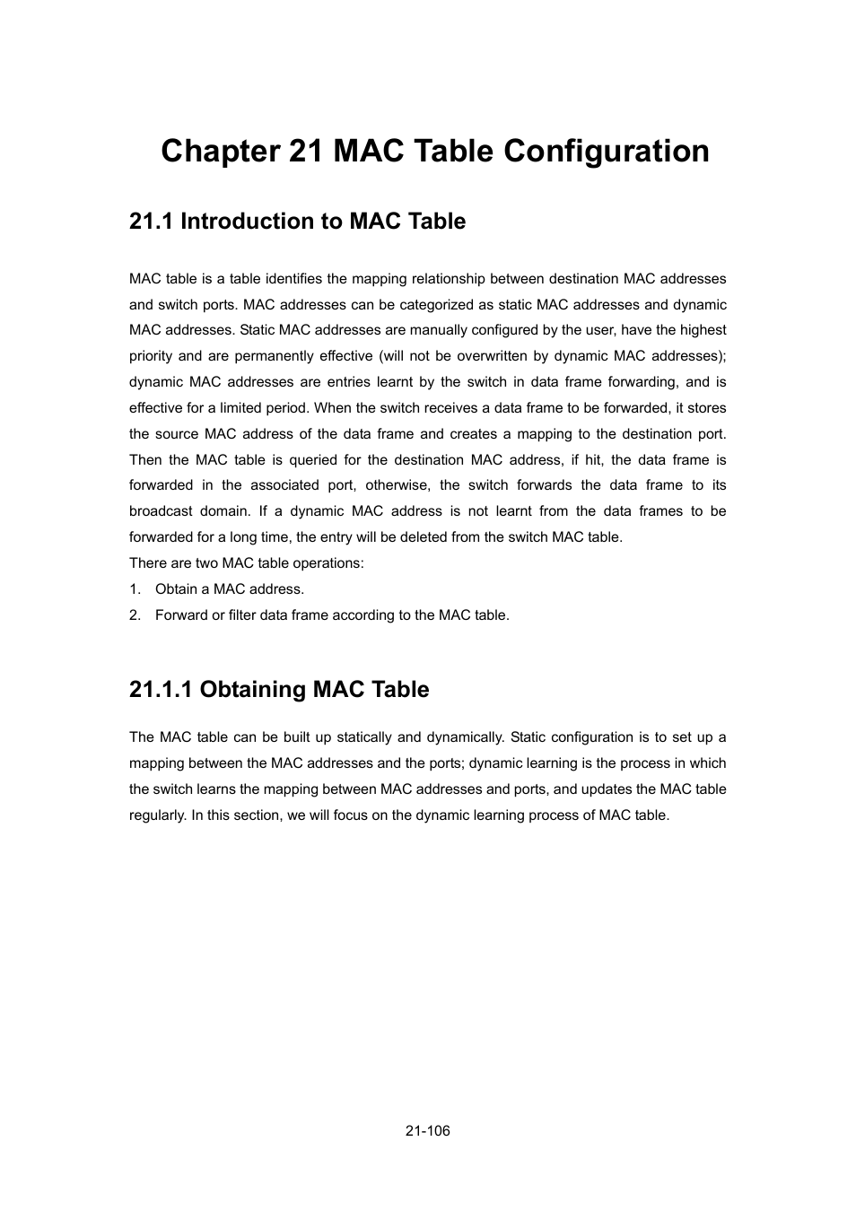 Chapter 21 mac table configuration, 1 introduction to mac table, 1 obtaining mac table | Chapter 21 mac table configuration -106, Ntroduction to, Able, 1 obtaining mac table -106 | PLANET WGSW-52040 User Manual | Page 184 / 505