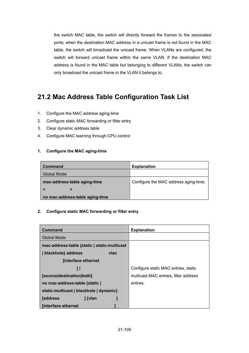 2 mac address table configuration task list, Ddress, Able | Onfiguration | PLANET WGSW-52040 User Manual | Page 187 / 505