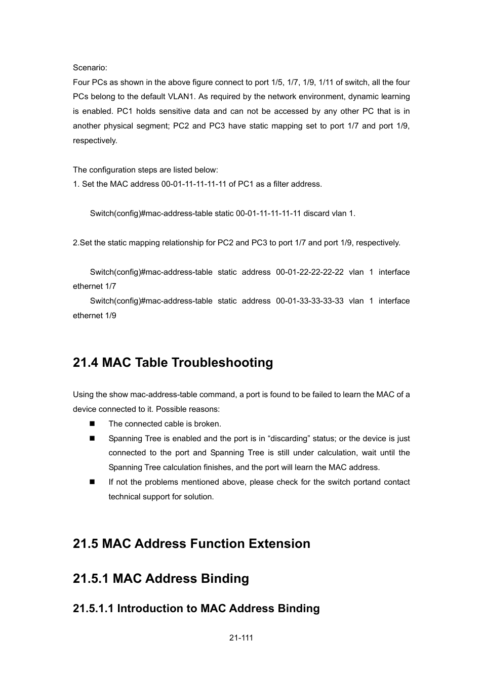 4 mac table troubleshooting, 5 mac address function extension, 1 mac address binding | 1 introduction to mac address binding, Able, Roubleshooting, Ddress, Unction, Xtension, 1 mac address binding -111 | PLANET WGSW-52040 User Manual | Page 189 / 505