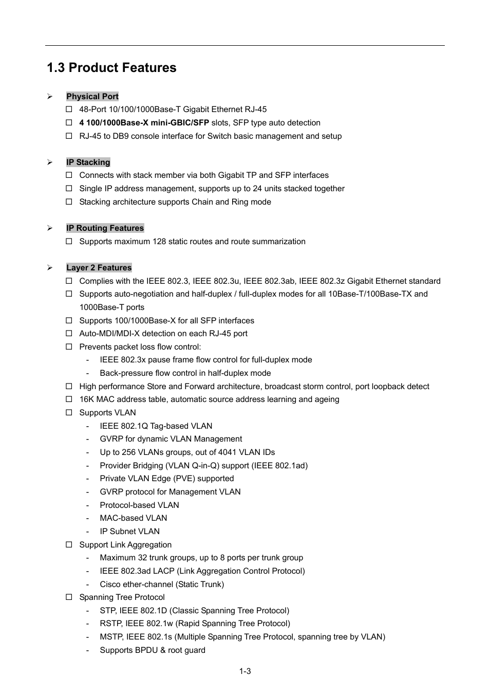 3 product features, Roduct, Eatures | PLANET WGSW-52040 User Manual | Page 19 / 505