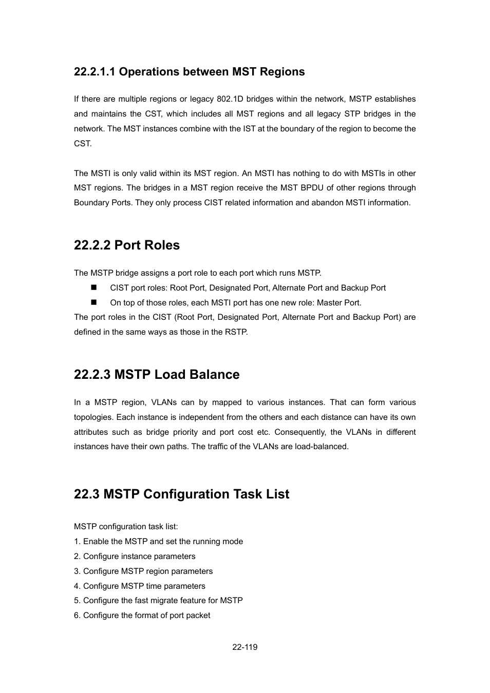 1 operations between mst regions, 2 port roles, 3 mstp load balance | 3 mstp configuration task list, 2 port roles -119, 3 mstp load balance -119, Mstp, Onfiguration | PLANET WGSW-52040 User Manual | Page 197 / 505