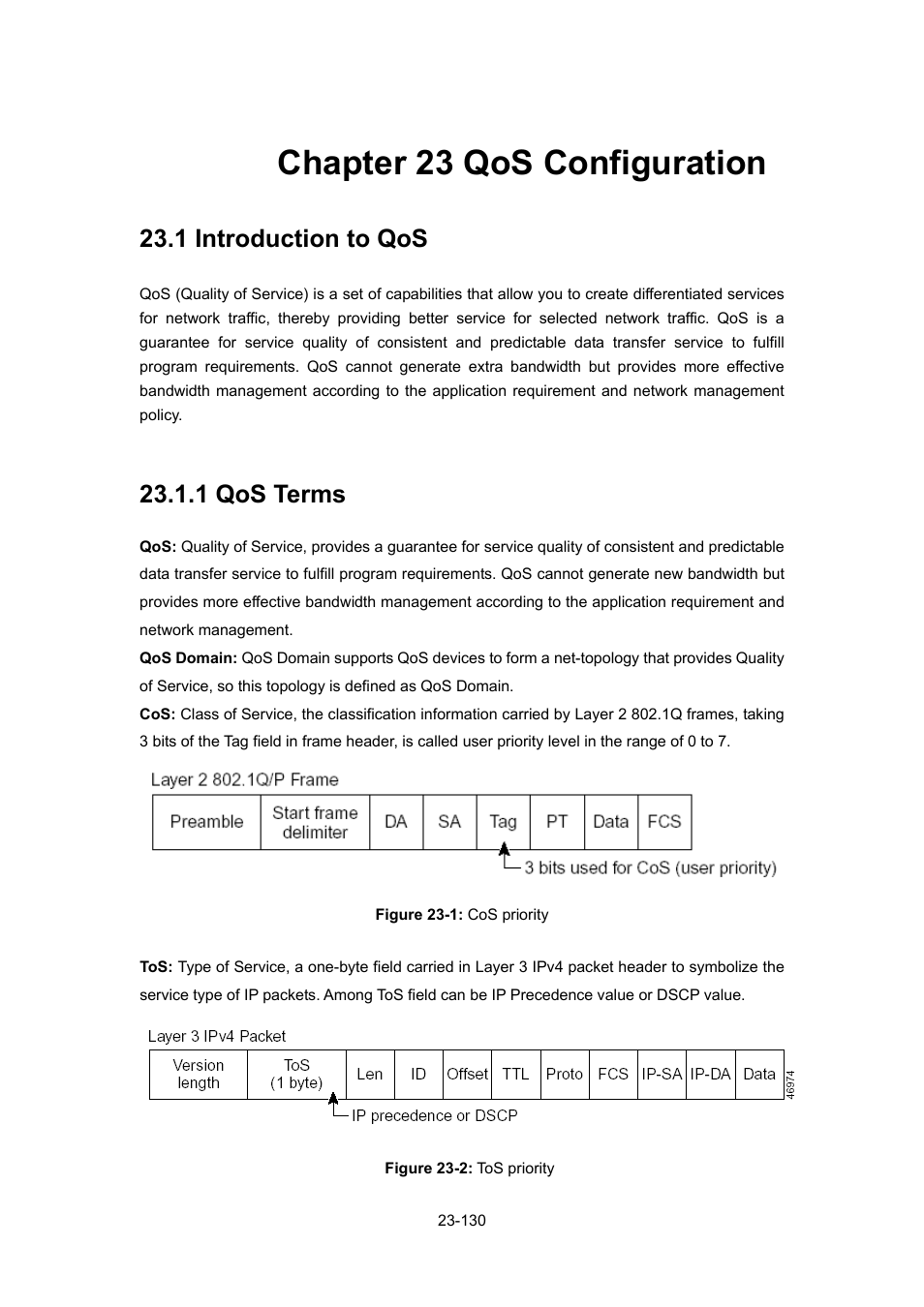 Chapter 23 qos configuration, 1 introduction to qos, 1 qos terms | Chapter 23 qos configuration -130, Ntroduction to, S -130, 1 qos terms -130 | PLANET WGSW-52040 User Manual | Page 208 / 505