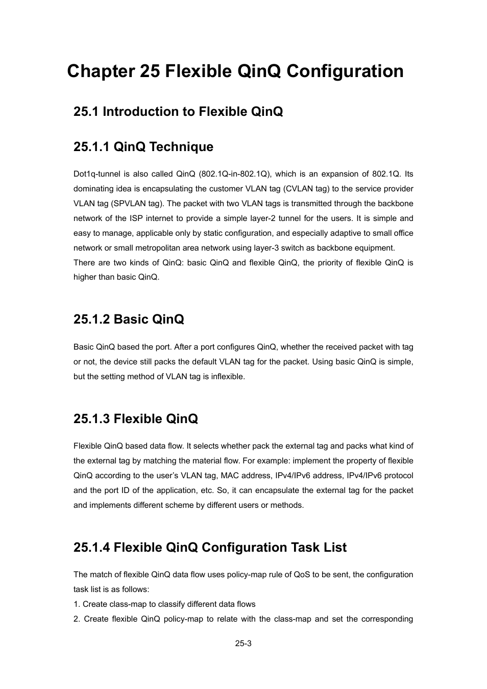 Chapter 25 flexible qinq configuration, 1 introduction to flexible qinq, 1 qinq technique | 2 basic qinq, 3 flexible qinq, 4 flexible qinq configuration task list, Chapter 25 flexible qinq configuration -3, Ntroduction to, Lexible, Q -3 | PLANET WGSW-52040 User Manual | Page 224 / 505