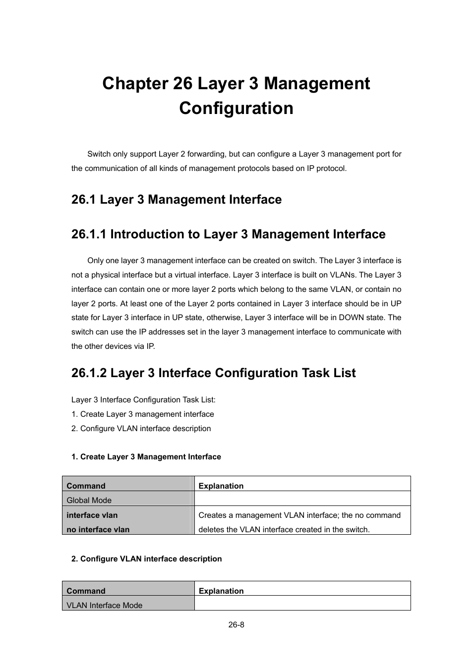 Chapter 26 layer 3 management configuration, 1 layer 3 management interface, 1 introduction to layer 3 management interface | 2 layer 3 interface configuration task list, Chapter 26 layer 3 management configuration -8, Ayer, Anagement, Nterface, 1 introduction to layer 3 management interface -8, 2 layer 3 interface configuration task list -8 | PLANET WGSW-52040 User Manual | Page 229 / 505