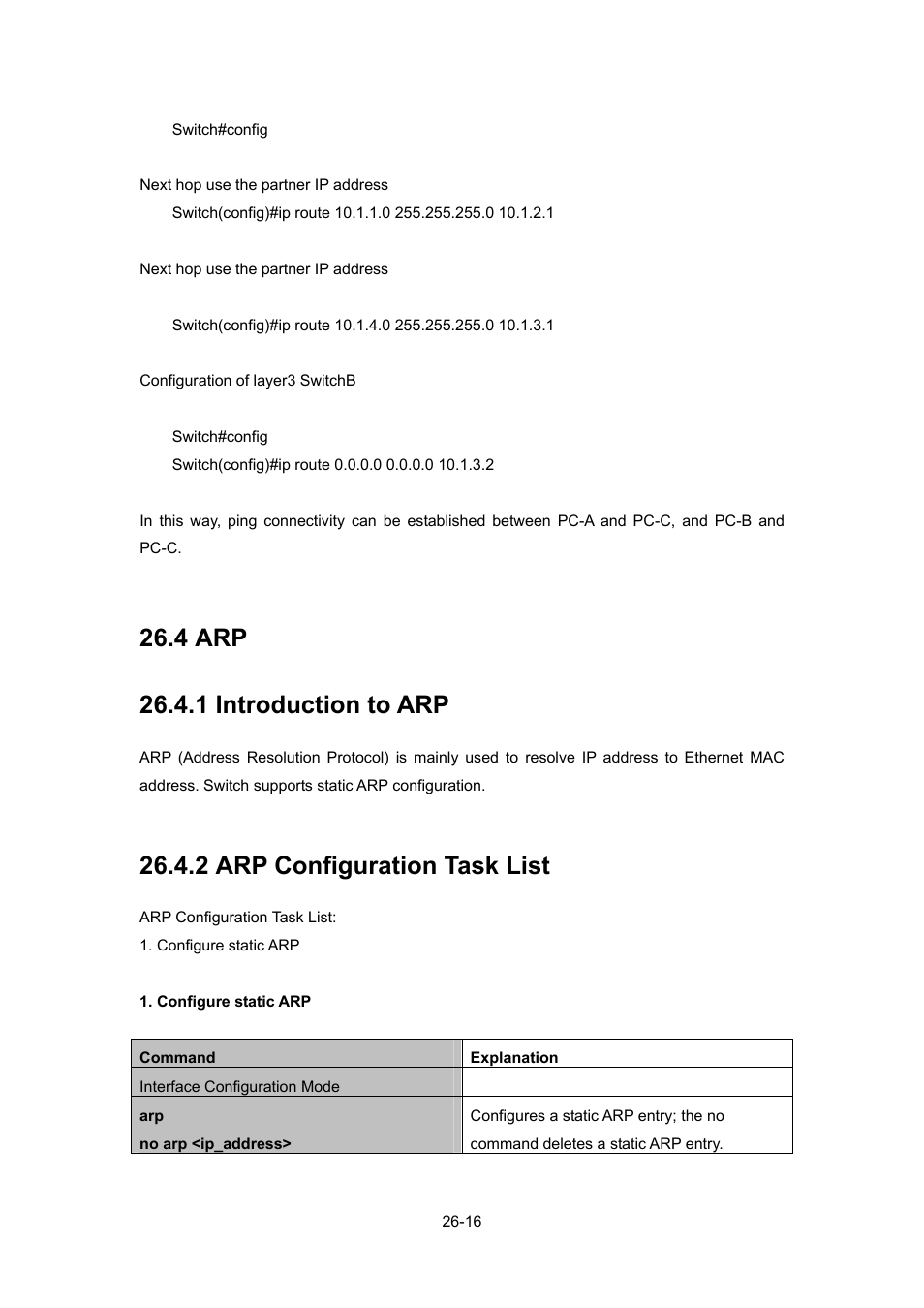4 arp, 1 introduction to arp, 2 arp configuration task list | Arp -16, 1 introduction to arp -16, 2 arp configuration task list -16 | PLANET WGSW-52040 User Manual | Page 237 / 505