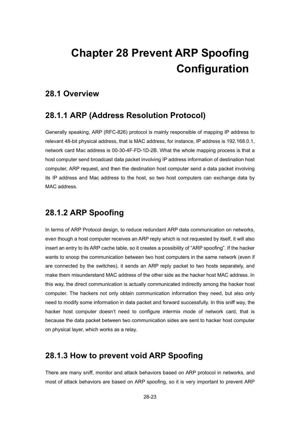 Chapter 28 prevent arp spoofing configuration, 1 overview, 1 arp (address resolution protocol) | 2 arp spoofing, 3 how to prevent void arp spoofing, Chapter 28 prevent arp spoofing configuration -23, Verview, 1 arp (address resolution protocol) -23, 2 arp spoofing -23, 3 how to prevent void arp spoofing -23 | PLANET WGSW-52040 User Manual | Page 244 / 505