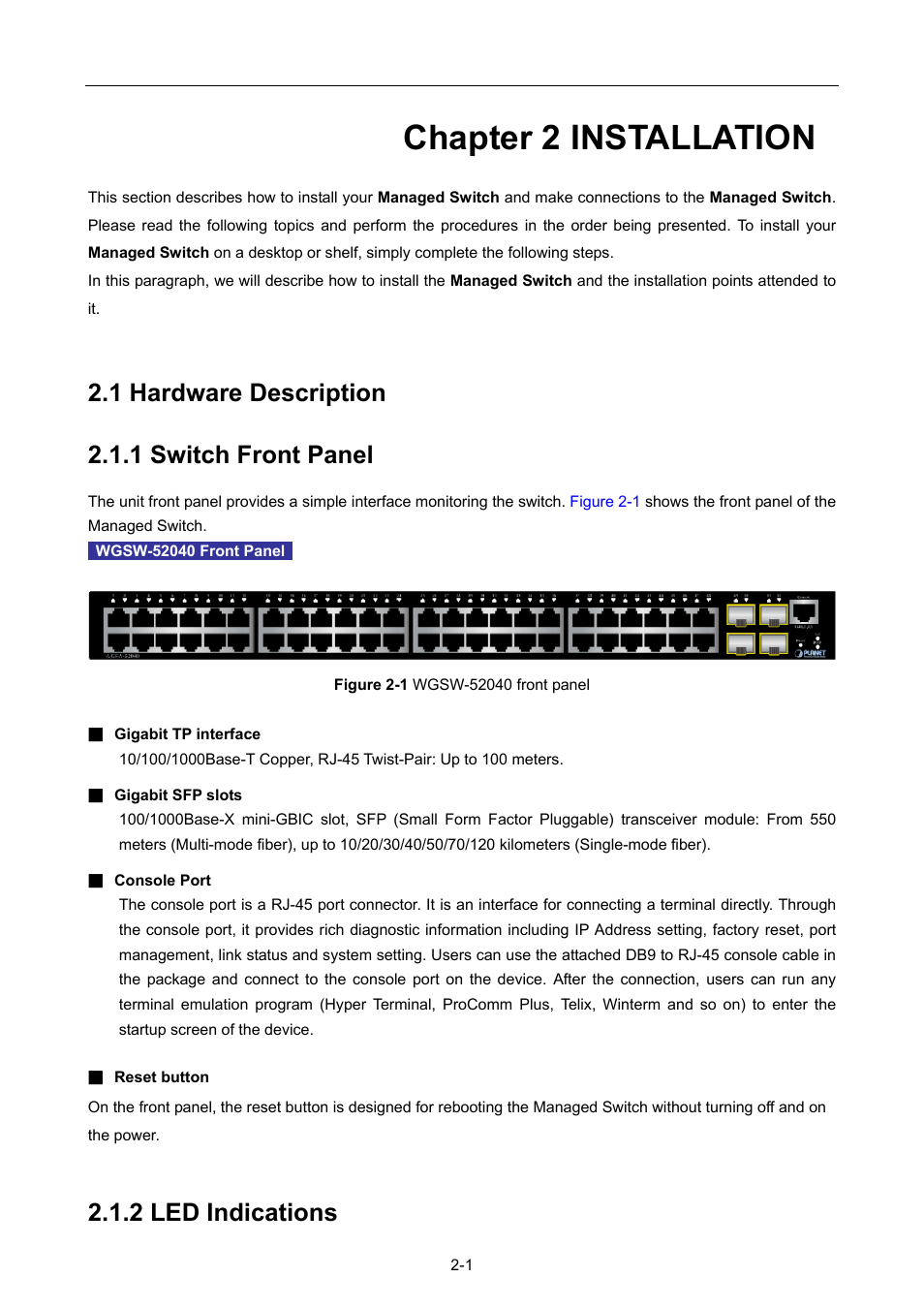 Chapter 2 installation, 1 hardware description, 1 switch front panel | 2 led indications, Chapter 2 installation -1, Ardware, Escription, 1 switch front panel -1, 2 led indications -1, 1 hardware description 2.1.1 switch front panel | PLANET WGSW-52040 User Manual | Page 25 / 505
