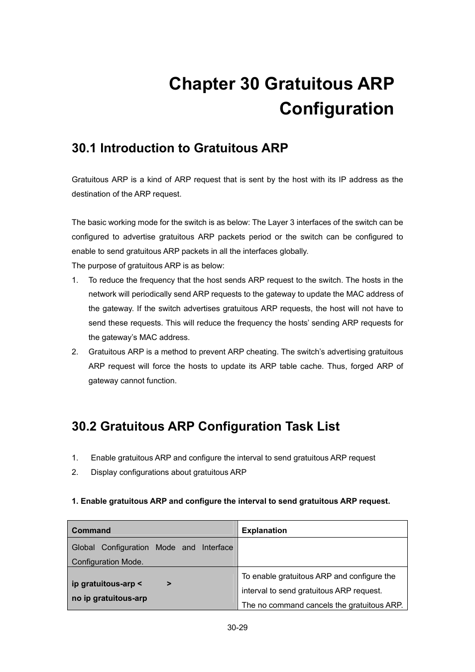 Chapter 30 gratuitous arp configuration, 1 introduction to gratuitous arp, 2 gratuitous arp configuration task list | Chapter 30 gratuitous arp configuration -29, Ntroduction to, Ratuitous, Arp -29, Onfiguration | PLANET WGSW-52040 User Manual | Page 250 / 505