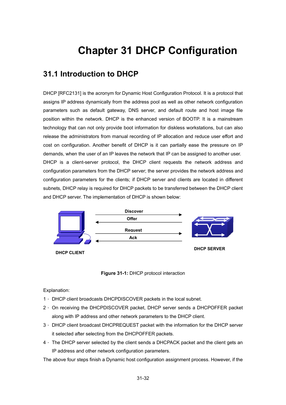 Chapter 31 dhcp configuration, 1 introduction to dhcp, Chapter 31 dhcp configuration -32 | Ntroduction to, Dhcp -32 | PLANET WGSW-52040 User Manual | Page 253 / 505