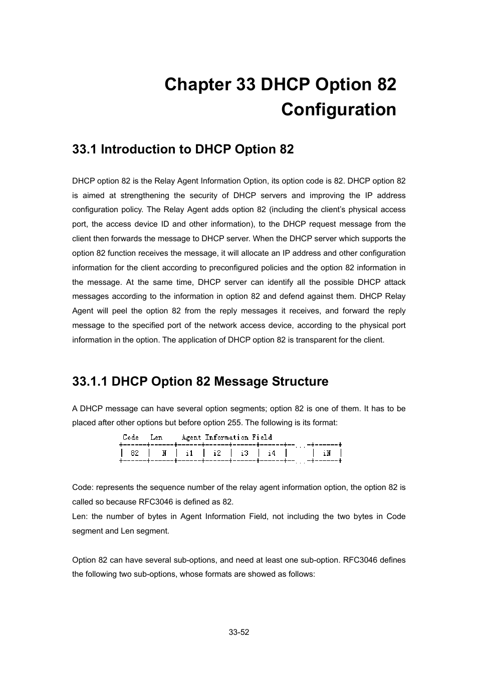 Chapter 33 dhcp option 82 configuration, 1 introduction to dhcp option 82, 1 dhcp option 82 message structure | Chapter 33 dhcp option 82 configuration -52, Ntroduction to, Dhcp, Ption, 1 dhcp option 82 message structure -52 | PLANET WGSW-52040 User Manual | Page 273 / 505