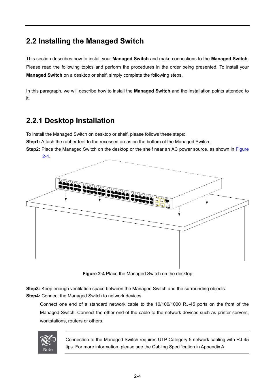 2 installing the managed switch, 1 desktop installation, Nstalling the | Anaged, Witch, 1 desktop installation -4 | PLANET WGSW-52040 User Manual | Page 28 / 505