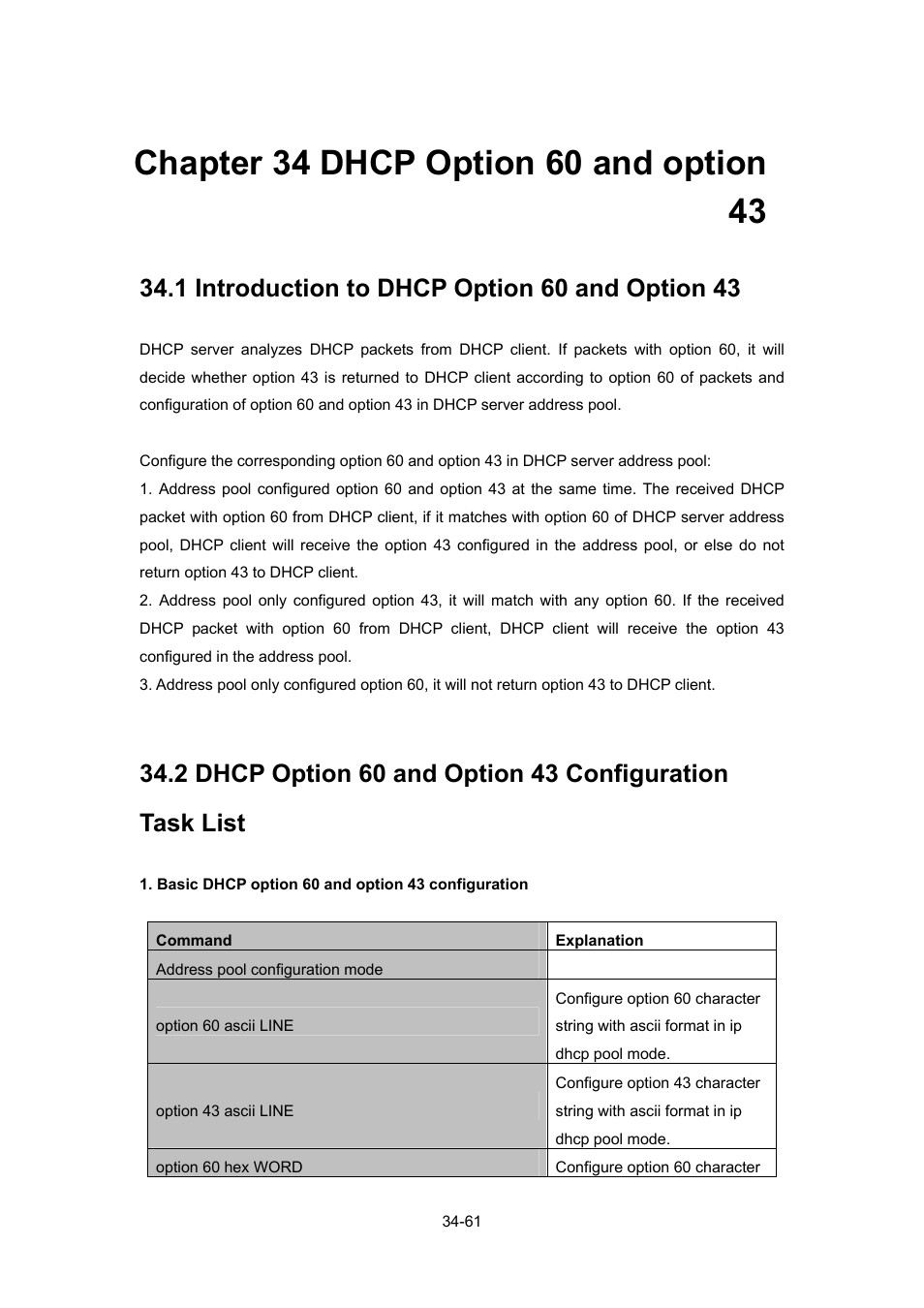 Chapter 34 dhcp option 60 and option 43, 1 introduction to dhcp option 60 and option 43, Chapter 34 dhcp option 60 and option 43 -61 | Ntroduction to, Dhcp, Ption, Onfiguration | PLANET WGSW-52040 User Manual | Page 282 / 505