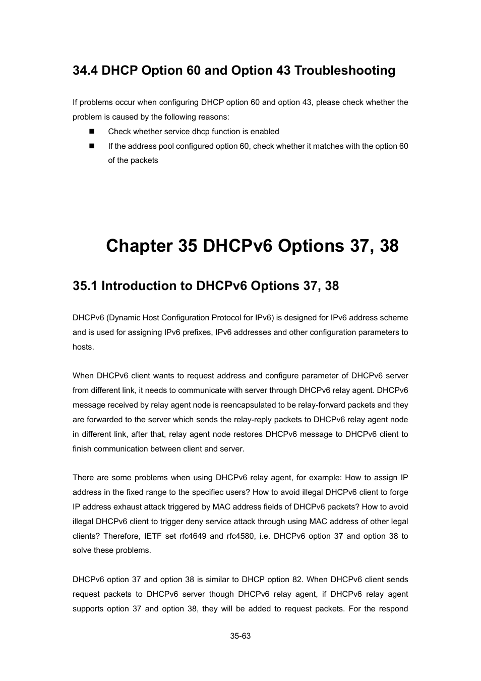 4 dhcp option 60 and option 43 troubleshooting, Chapter 35 dhcpv6 options 37, 38, 1 introduction to dhcpv6 options 37, 38 | Dhcp, Ption, Roubleshooting, Chapter 35 dhcpv6 options 37, 38 -63, Ntroduction to, Ptions | PLANET WGSW-52040 User Manual | Page 284 / 505