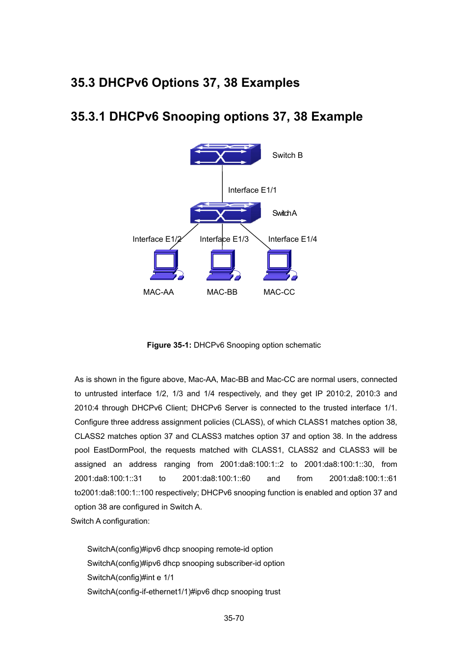 3 dhcpv6 options 37, 38 examples, 1 dhcpv6 snooping options 37, 38 example, Dhcp | Ptions, Xamples, 1 dhcpv6 snooping options 37, 38 example -70 | PLANET WGSW-52040 User Manual | Page 291 / 505