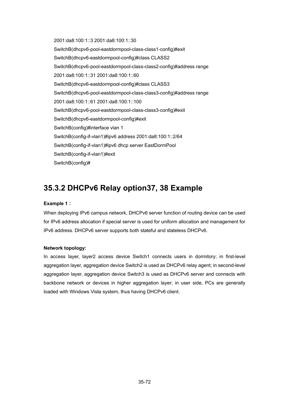 2 dhcpv6 relay option37, 38 example, 2 dhcpv6 relay option37, 38 example -72 | PLANET WGSW-52040 User Manual | Page 293 / 505