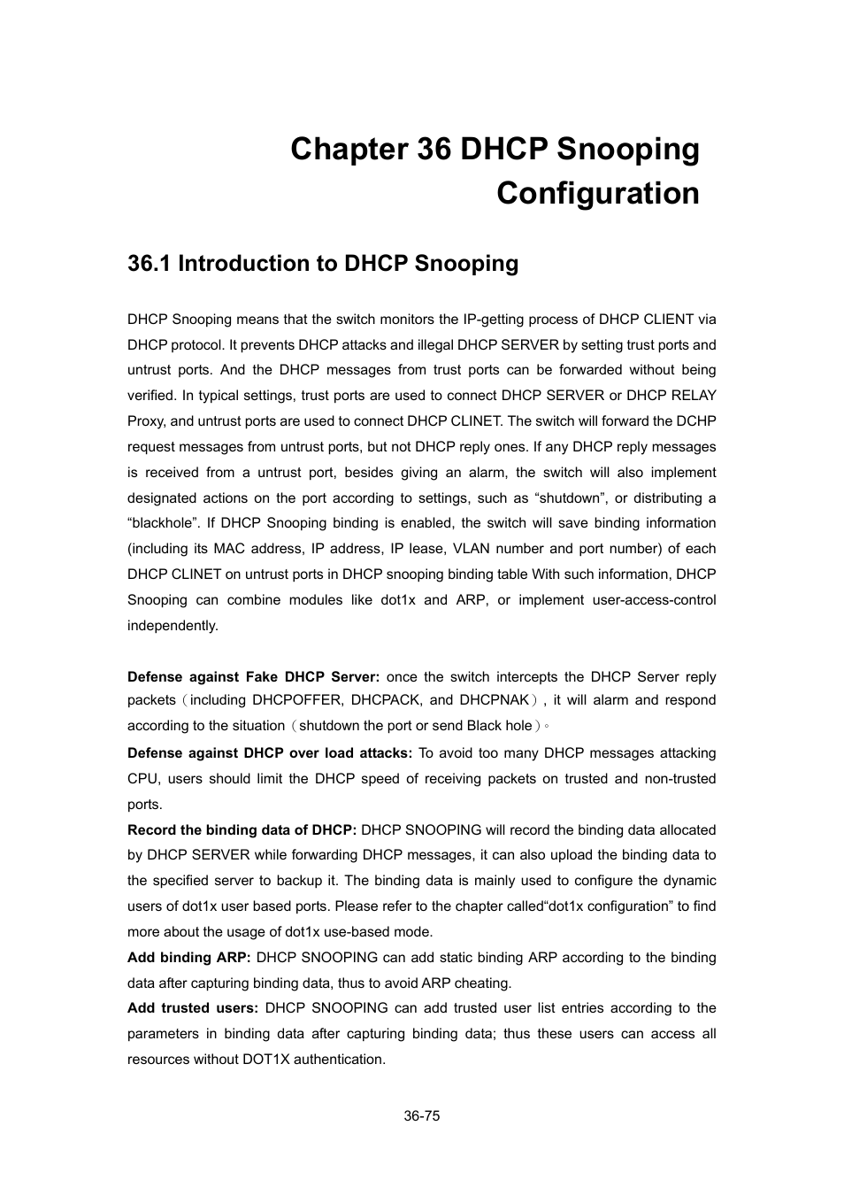 Chapter 36 dhcp snooping configuration, 1 introduction to dhcp snooping, Chapter 36 dhcp snooping configuration -75 | Ntroduction to, Dhcp, Nooping | PLANET WGSW-52040 User Manual | Page 296 / 505