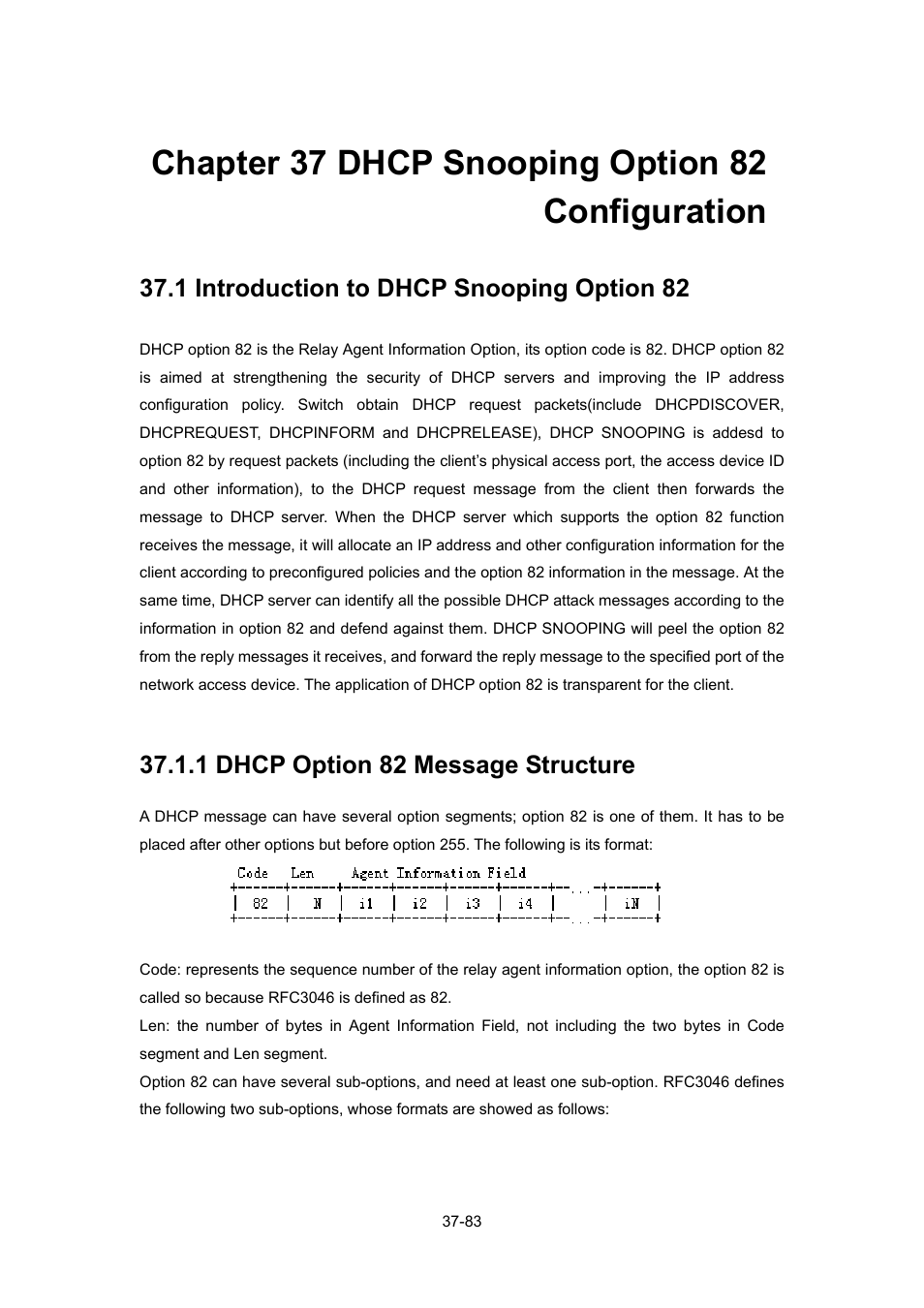 Chapter 37 dhcp snooping option 82 configuration, 1 introduction to dhcp snooping option 82, 1 dhcp option 82 message structure | Ntroduction to, Dhcp, Nooping, Ption, 1 dhcp option 82 message structure -83 | PLANET WGSW-52040 User Manual | Page 304 / 505