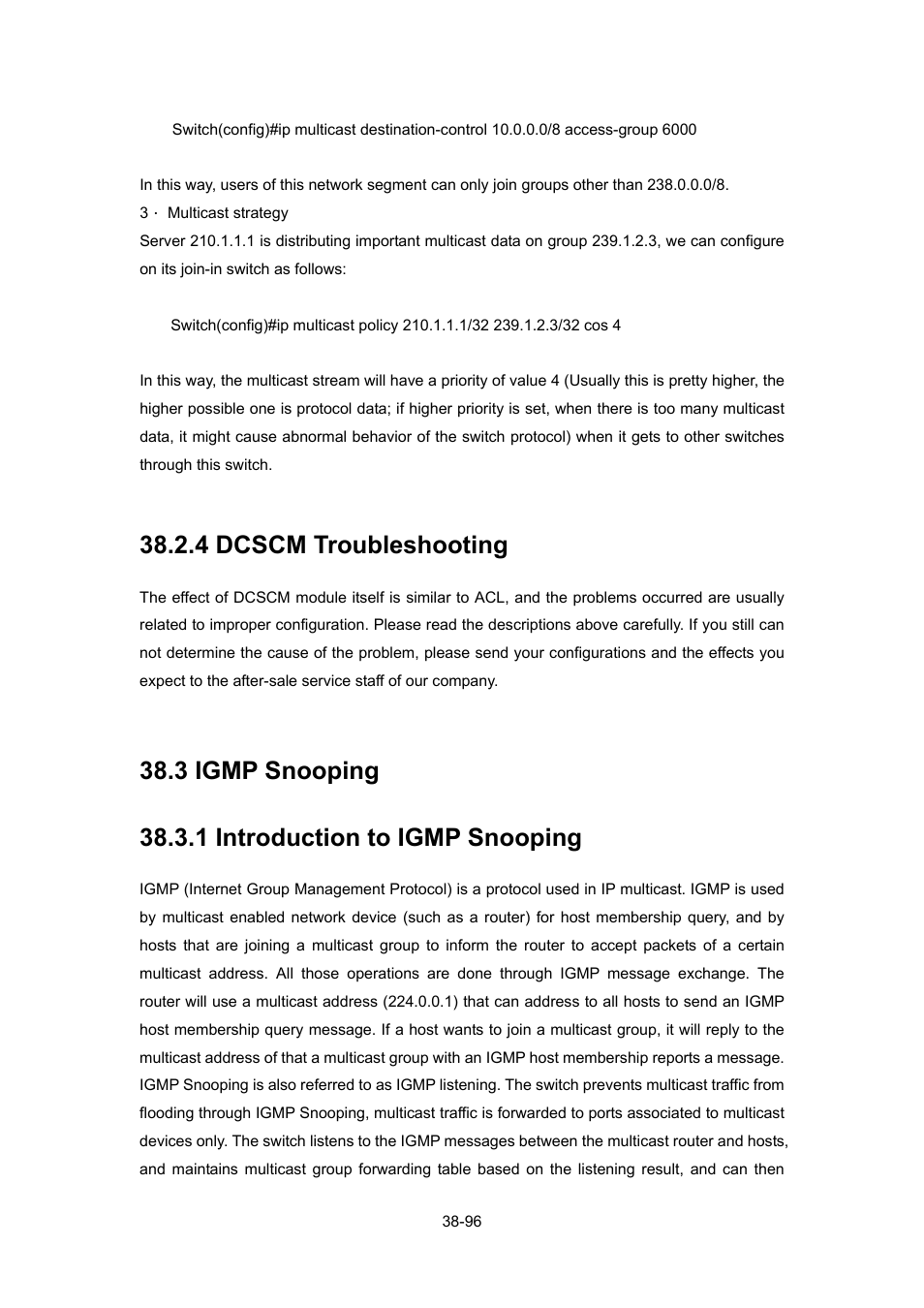 4 dcscm troubleshooting, 3 igmp snooping, 1 introduction to igmp snooping | 4 dcscm troubleshooting -96, Igmp, Nooping, 1 introduction to igmp snooping -96 | PLANET WGSW-52040 User Manual | Page 317 / 505