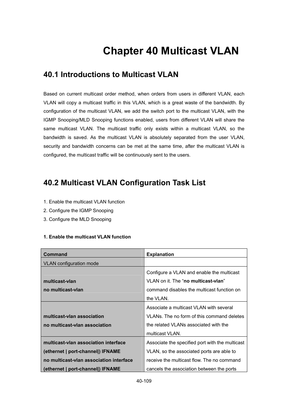 Chapter 40 multicast vlan, 1 introductions to multicast vlan, 2 multicast vlan configuration task list | Chapter 40 multicast vlan -109, Ntroductions to, Ulticast, Vlan -109, Vlan, Onfiguration | PLANET WGSW-52040 User Manual | Page 330 / 505