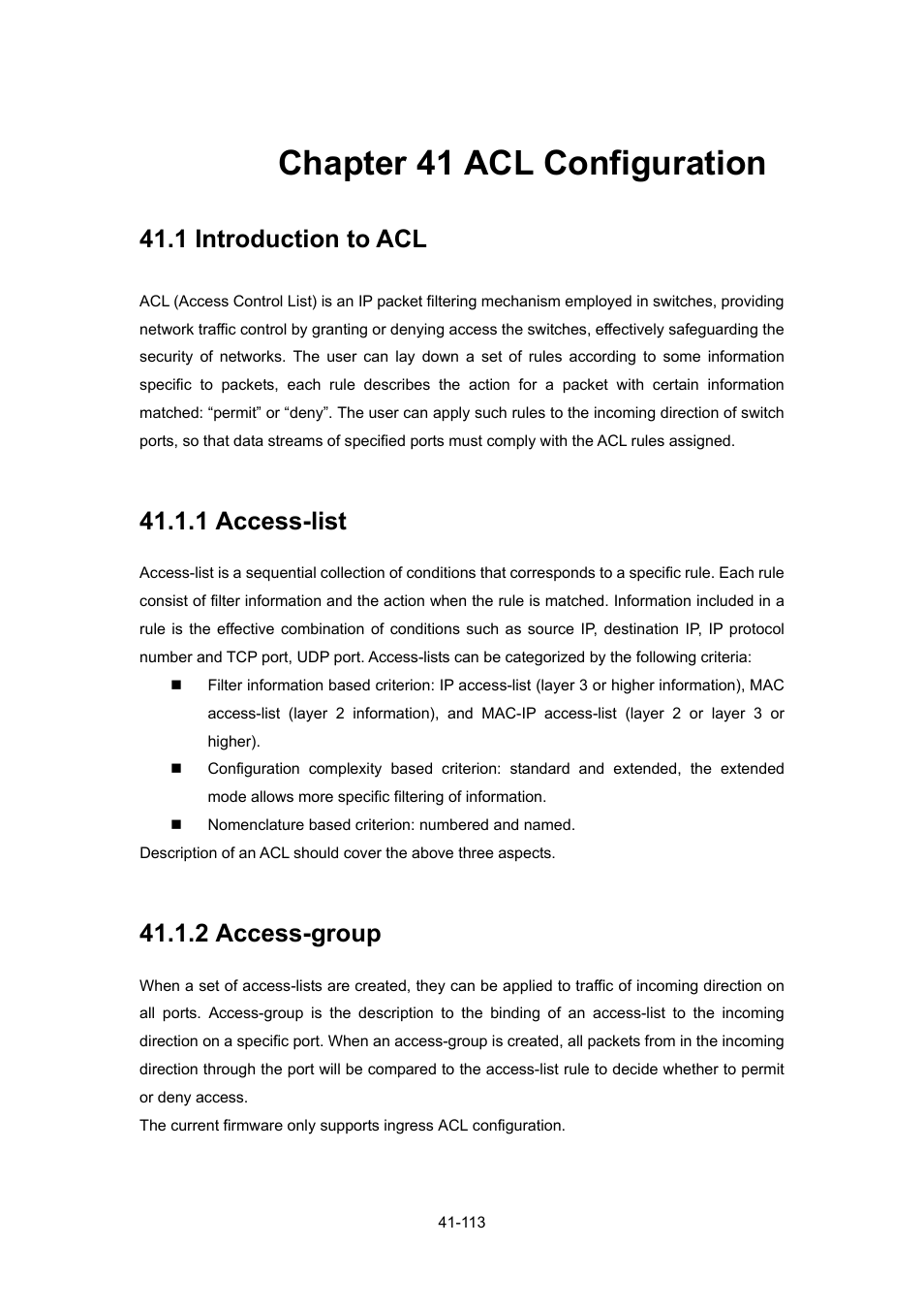 Chapter 41 acl configuration, 1 introduction to acl, 1 access-list | 2 access-group, Chapter 41 acl configuration -113, Ntroduction to, Acl -113, 1 access-list -113, 2 access-group -113 | PLANET WGSW-52040 User Manual | Page 334 / 505