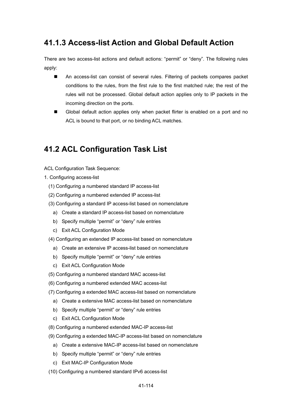 3 access-list action and global default action, 2 acl configuration task list, Onfiguration | PLANET WGSW-52040 User Manual | Page 335 / 505