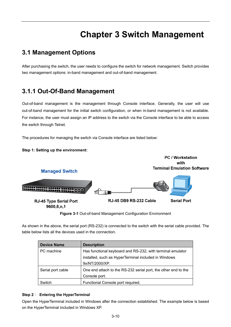 Chapter 3 switch management, 1 management options, 1 out-of-band management | Chapter 3 switch management -10, Anagement, Ptions, 1 out-of-band management -10 | PLANET WGSW-52040 User Manual | Page 34 / 505