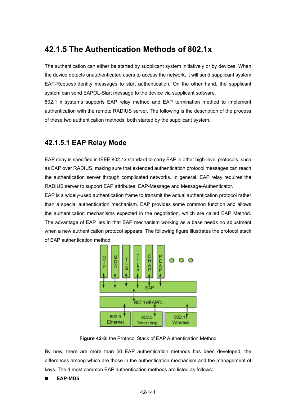 5 the authentication methods of 802.1x, 1 eap relay mode, 5 the authentication methods of 802.1x -141 | PLANET WGSW-52040 User Manual | Page 362 / 505