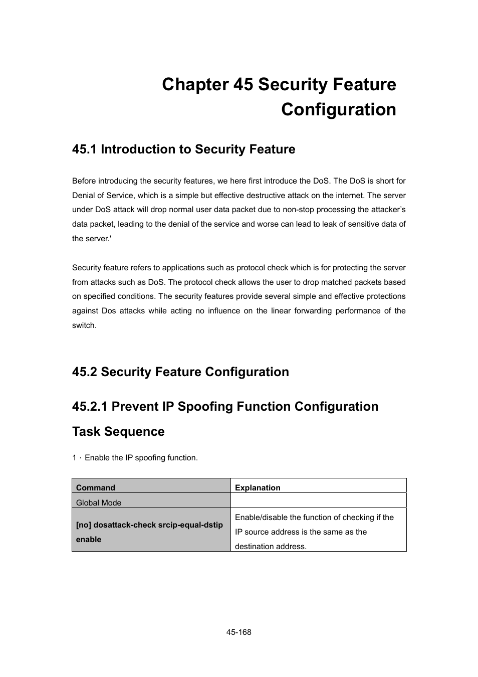 Chapter 45 security feature configuration, 1 introduction to security feature, 2 security feature configuration | Chapter 45 security feature configuration -168, Ntroduction to, Ecurity, Eature, Onfiguration | PLANET WGSW-52040 User Manual | Page 389 / 505