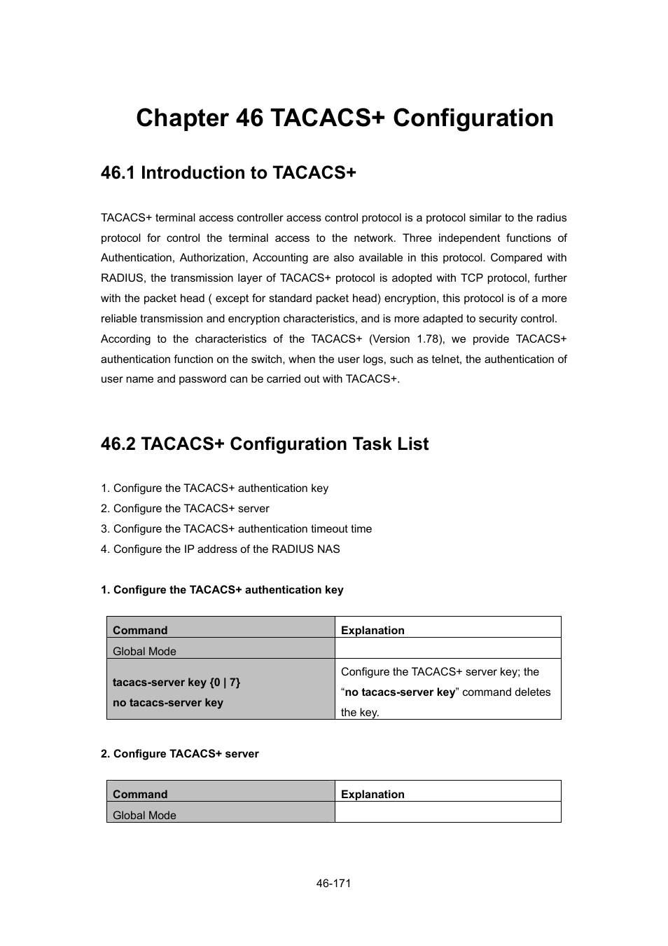 Chapter 46 tacacs+ configuration, 1 introduction to tacacs, 2 tacacs+ configuration task list | Chapter 46 tacacs+ configuration -171, Ntroduction to, Tacacs+ -171, Tacacs, Onfiguration | PLANET WGSW-52040 User Manual | Page 392 / 505